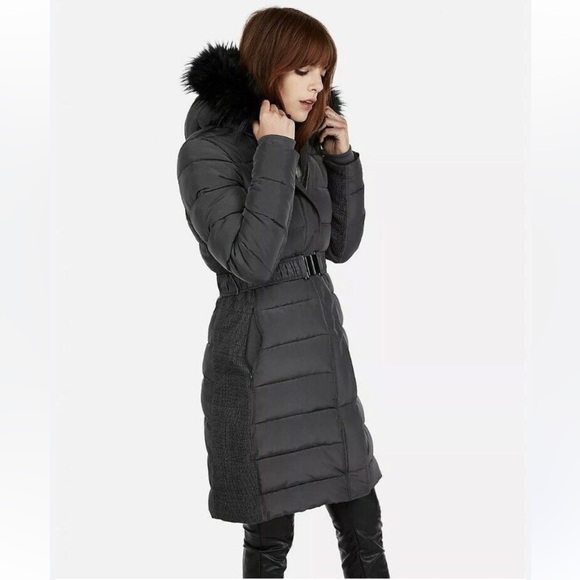 Express Jackets & Blazers - EXPRESS LONG BELTED PUFFER JACKET Charcoal Grey